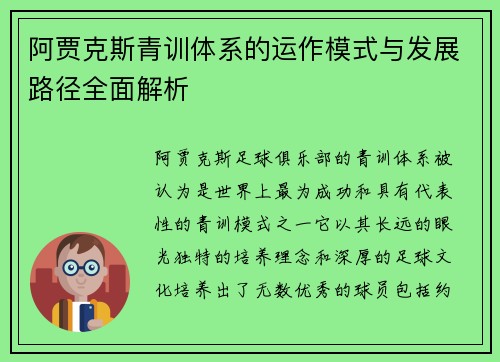 阿贾克斯青训体系的运作模式与发展路径全面解析