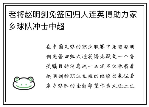 老将赵明剑免签回归大连英博助力家乡球队冲击中超